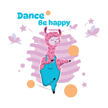 A happy pink llama dances against the backdrop of butterflies, orange circles and pink dancing stripes.