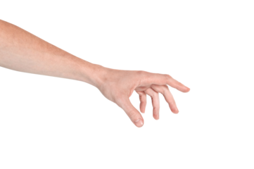 Realistic human hand showing gesture. White skin man arm isolated on transparent background. Hand fingers pinching grabing something small