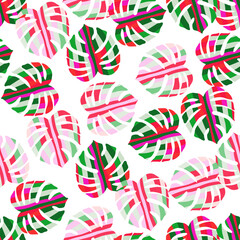 Decorative monstera silhouettes seamless pattern. Exotic palm leaves wallpaper.