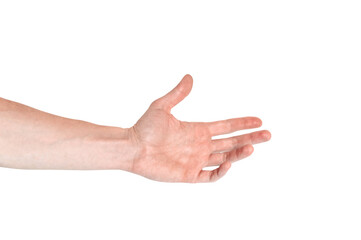 Realistic human hand showing gesture. White skin man arm isolated on transparent background