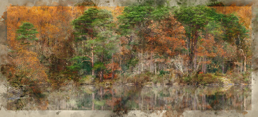 Digital watercolour painting of Beautiful Lake District forest landscape of Manesty Park during vibrant Autumn Fall colors scene