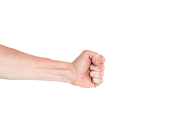 Realistic human hand showing gesture. White skin man arm isolated on transparent background. Ready to punch someone with fist. Power symbol
