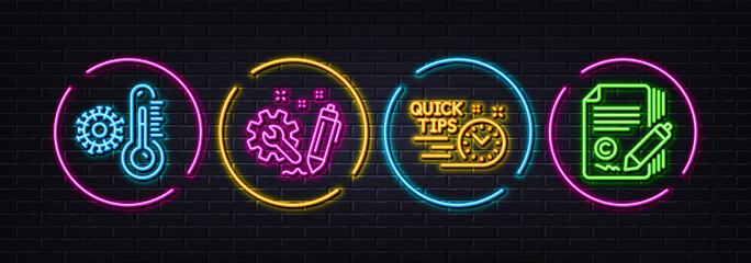 Engineering, Quick tips and Thermometer minimal line icons. Neon laser 3d lights. Copywriting icons. For web, application, printing. Construction, Helpful tricks, Covid temperature. Vector