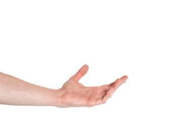 Realistic human hand showing gesture. White skin man arm isolated on transparent background. Relaxed palm ready to hold something
