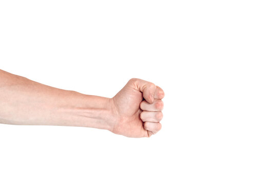 Realistic human hand showing gesture. White skin man arm isolated on transparent background. Ready to punch someone with fist. Power symbol