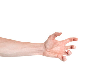 Realistic human hand showing gesture. White skin man arm isolated on transparent background. Angry...