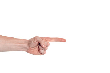 Realistic human hand showing gesture. White skin man arm isolated on transparent background. Index...