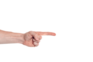Realistic human hand showing gesture. White skin man arm isolated on transparent background. Index finger shows something. Pointing hands