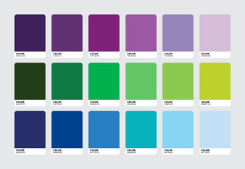 Modern color palette swatch set. Trendy blue green purple colour catalog samples. Vector illustration