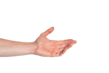 Realistic human hand showing gesture. White skin man arm isolated on transparent background. Friendly gesture ready to handshake