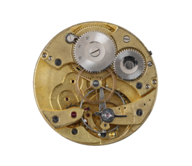 Dismantled clockwork mechanism on transparent background