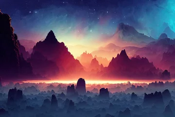Foto op Plexiglas Buitenaardse wereld. Exoplaneet, planeet, landschap. Onbekende planeet. Digitale kunst van fantasielandschap in de ruimte. © Fortis Design