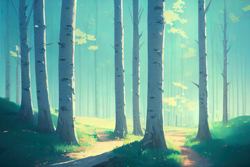 Birch wood illustration. Calm forest illustration.
