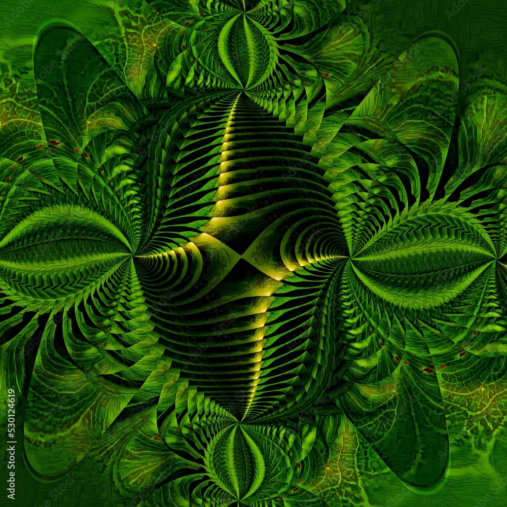 Poster complex banana leaf fractal inspired repeating shades of green spiral pattern and design