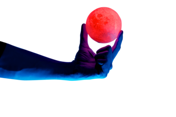 Human migician hand holding red illuminated sphere. Surrealistic collage element, contemporary art for design, posters and banners. Neon purple light. Pop fantasy style