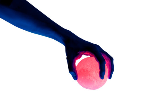 Human migician hand holding red illuminated sphere. Surrealistic collage element, contemporary art for design, posters and banners. Neon purple light. Pop fantasy style