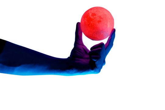 Human migician hand holding red illuminated sphere. Surrealistic collage element, contemporary art for design, posters and banners. Neon purple light. Pop fantasy style