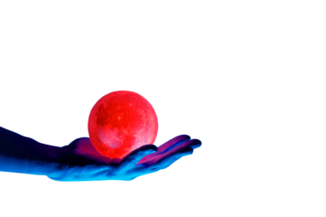 Human migician hand holding red illuminated sphere. Surrealistic collage element, contemporary art for design, posters and banners. Neon purple light. Pop fantasy style