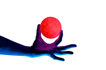 Human migician hand holding red illuminated sphere. Surrealistic collage element, contemporary art...