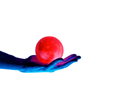 Human migician hand holding red illuminated sphere. Surrealistic collage element, contemporary art for design, posters and banners. Neon purple light. Pop fantasy style