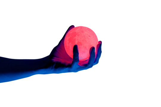 Human migician hand holding red illuminated sphere. Surrealistic collage element, contemporary art for design, posters and banners. Neon purple light. Pop fantasy style