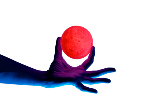 Human migician hand holding red illuminated sphere. Surrealistic collage element, contemporary art for design, posters and banners. Neon purple light. Pop fantasy style