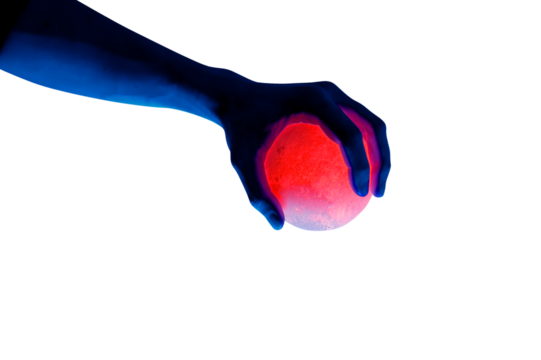 Human migician hand holding red illuminated sphere. Surrealistic collage element, contemporary art for design, posters and banners. Neon purple light. Pop fantasy style