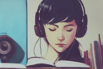 Cute girl studying and listening to music. Pretty young woman working with headphones. Chill, lofi, relaxing music. Beautiful work environment. Study beats.