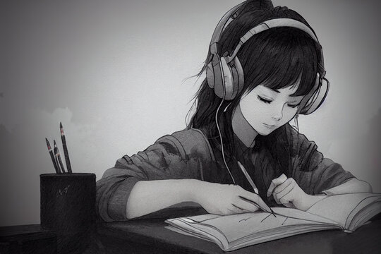 Cute Girl Studying And Listening To Music. Pretty Young Woman Working With Headphones. Chill, Lofi, Relaxing Music. Beautiful Work Environment. Study Beats.