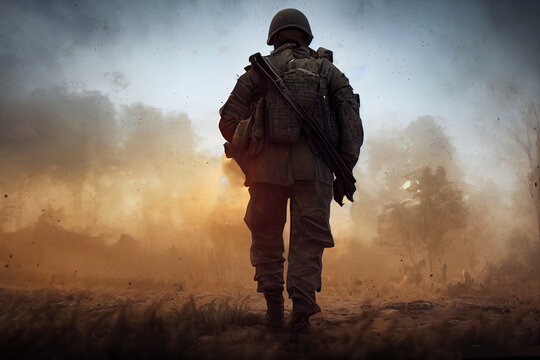 Lone Soldier Walking On The Battlefield. Illustration Of A A Military Man Walking On An Empty Destroyed Environment. Destruction, War Scene. Smoke And Fog. Sad Combat Feeling.