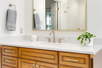 Modern luxury sunny bright primary bathroom stone countertop traditional hand towel gold mirror