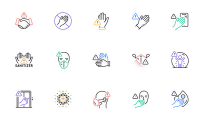 Touch warning line icons. Stop touch face, wear medical mask. Covid cough symptoms, wash and disinfect hands icons. Do not press lift buttons, protect face with medical mask. Vector