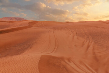 Fototapeta na wymiar Sand desert sunset landscape view with sun disk.