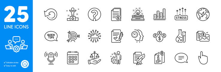 Outline icons set. Calendar, Buying currency and Chat icons. Typewriter, Accounting report, Microphone web elements. Justice scales, Question mark, Financial documents signs. Vector
