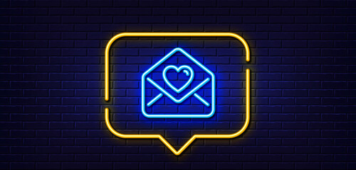 Neon light speech bubble. Love letter line icon. Heart mail sign. Valentine day symbol. Neon light background. Love letter glow line. Brick wall banner. Vector