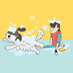Man washing his cute big dog. vector art