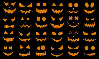 Big vector set halloween pumpkin faces on black background. Halloween decoration design. Vector illustration