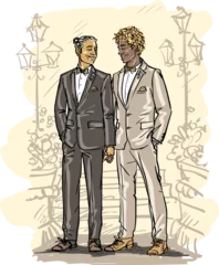 Keuken spatwand met foto Happy men together. Gay couple. Hand drawn sketch. © nataliahubbert