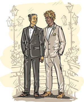 Happy men together. Gay couple. Hand drawn sketch.