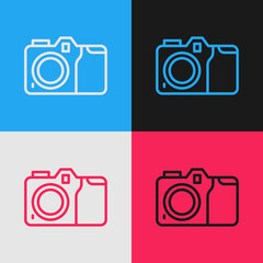 Pop art line Photo camera icon isolated on color background. Foto camera icon. Vector
