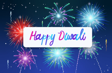 Happy Diwali poster with glowing colourful fireworks on dark sky