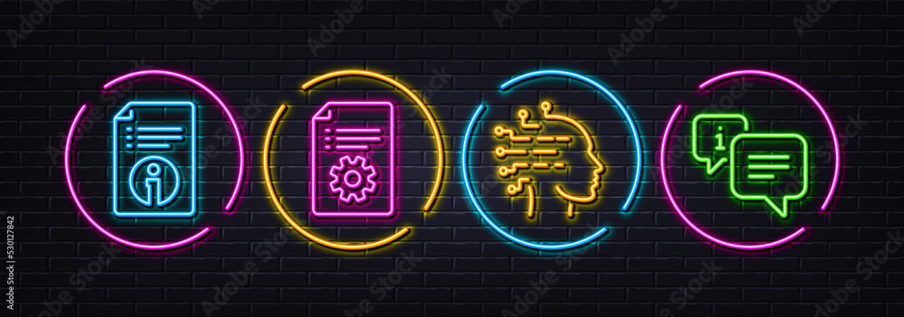 Poster technical documentation, artificial intelligence and technical info minimal line icons. neon laser 3
