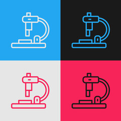 Pop art line Microscope icon isolated on color background. Chemistry, pharmaceutical instrument, microbiology magnifying tool. Vector