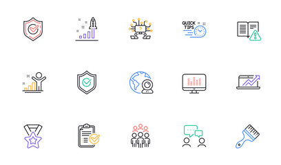 Brush, Confirmed and Video conference line icons for website, printing. Collection of Instruction manual, Group people, Winner ribbon icons. People chatting, Development plan. Vector