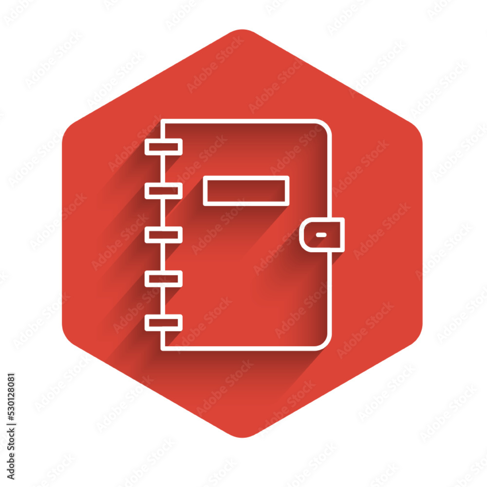 Poster White line Notebook icon isolated with long shadow. Spiral notepad icon. School notebook. Writing pad. Diary for school. Red hexagon button. Vector