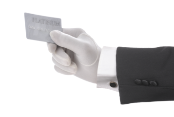 Formal gloved hand holding a credit card over white