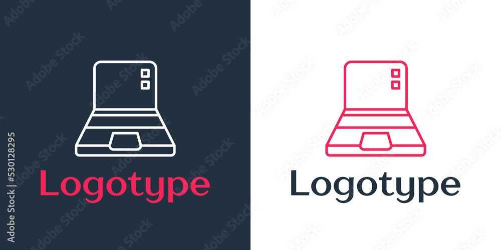 Poster logotype line laptop icon isolated on white background. computer notebook with empty screen sign. lo