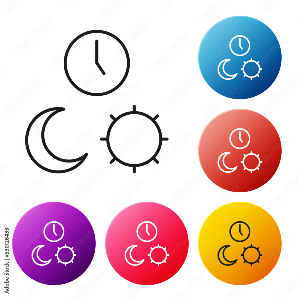 Poster black line day and night with time icon isolated on white background. set icons colorful circle butt