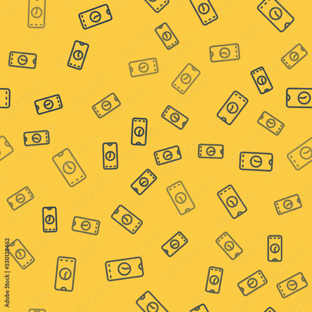 Poster blue line alarm clock app smartphone interface icon isolated seamless pattern on yellow background. 