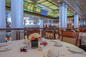 Art Deco interior design style furniture, carpets and paneling onboard classic ocean liner...
